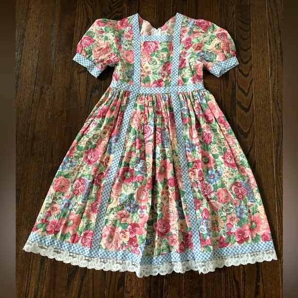 *EUC* Rare Editions Girls 8 Vintage Blue Gingham w/Ivory Floral A-Line Dress - Picture 1 of 11